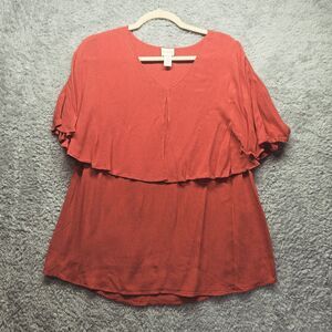 Chico's Women Orange Blouse Chicos 1 US Medium Canyon Clay Flutter Sleeve Flowy